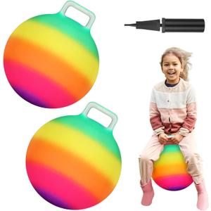 Poen 2 Pcs Bouncing Ball with Handle, Hopper Jumping Hopping Ball with Air Pump for Games(18 Inch,Rainbow)