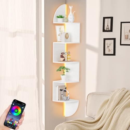 Corner Shelf, 5 Tier Bookshelf with LED Light, Corner Shelf Wall Mounted, Floating Shelves for Wall, Display Stand for Bedroom, Living Room, Bathroom, Home, Office, White