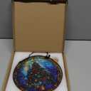 ERMCDFHC Stained Glass Window Hanging, Christmas Tree with Golden Gifts Design Round Sun Catchers Glass Panel Suncatcher Decor for Home, 7.8Inch. (037)