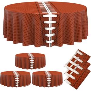 Oudain 6 Pcs Football Round Tablecloth 84 Inches PET Plastic Brown, White Color Circle Tablecloth for Football/Sports Themed Parties