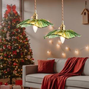 Kulukulu Retro Style Pendant Light, Mid Century Smoked Glass Ceiling Hanging Lamp, Vintage Hand Blown Fixture for Bedroom Dining Room, Kitchen Island - Flower, Green, Large, 2 Pack