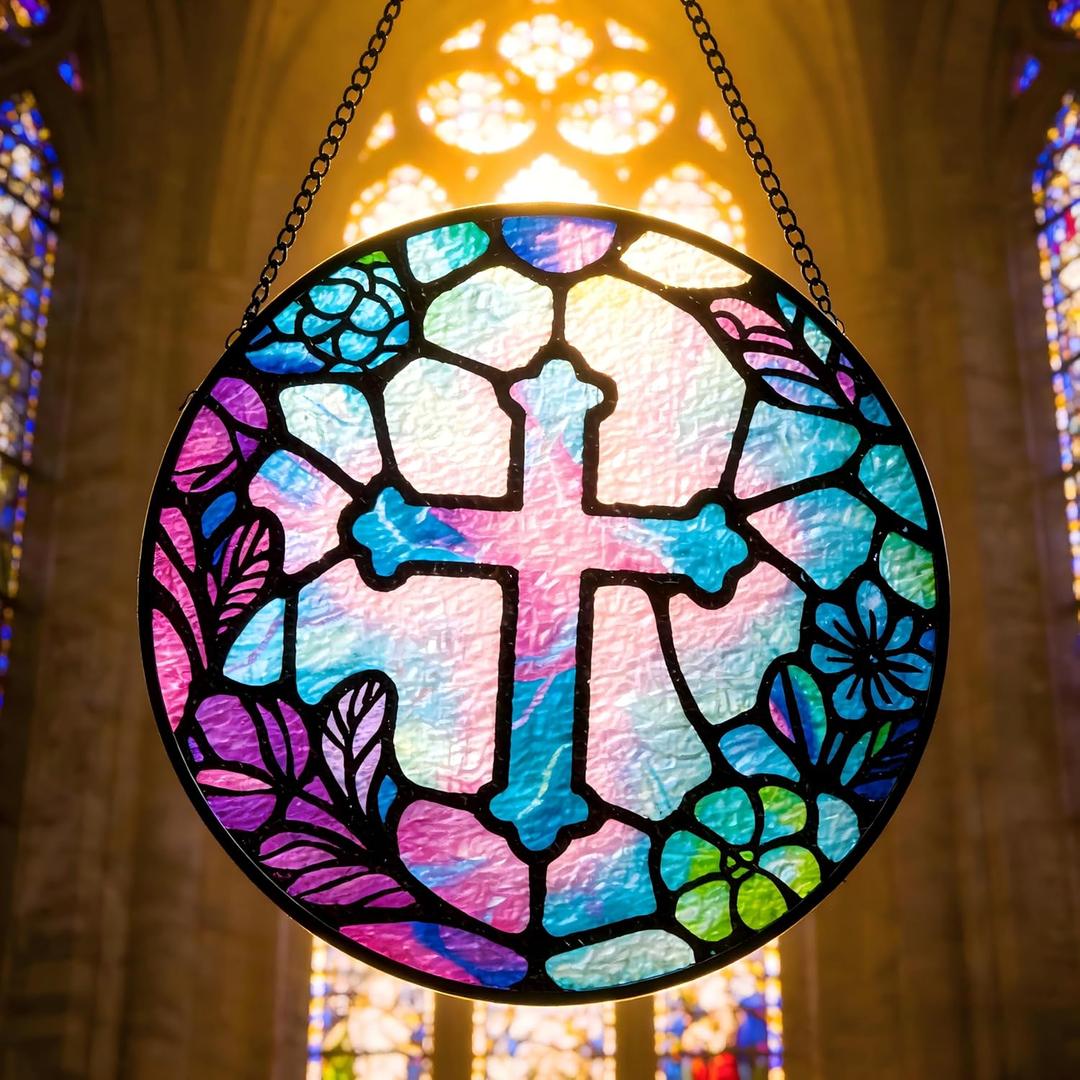Sun Catcher Stained Glass Window Hanging 8 inch Suncatcher Wall Art Home Decor Sun Catchers Decoration for Garden Home Housewarming Gifts (Purple Cross)