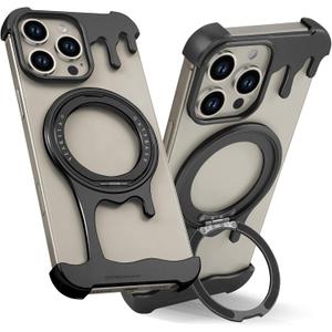 OATSBASF Frameless Bumper Case for iPhone 16 Pro 6.3" Case, Metal Kickstand 360 Rotatable Magnetic Stand, Minimalist Aluminum Bumper Protective, Bezel Less Slim Shockproof + Easy Fit, Black