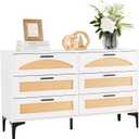Mericonia 6 Drawer Double Dresser for Bedroom, Wood Rattan Dresser for Closet with Metal Handles, Boho TV Stand with Drawers, White Dressers & Chests of Drawers for Bedroom, Hallway and Entryway