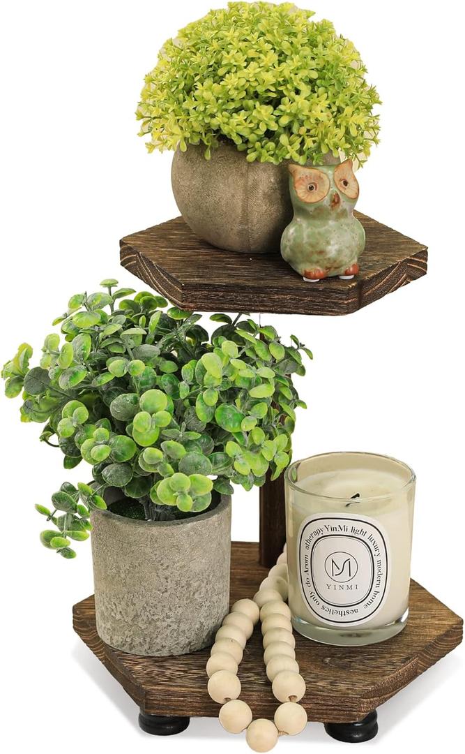 Tikea Hexagonal Wood Riser for Display, 2-Tier Rustic Wood Farmhouse Riser for Kitchen Bathroom Counter Decor, Decorative Tray for Soap Dispenser, Decorations and Plant (Brown)