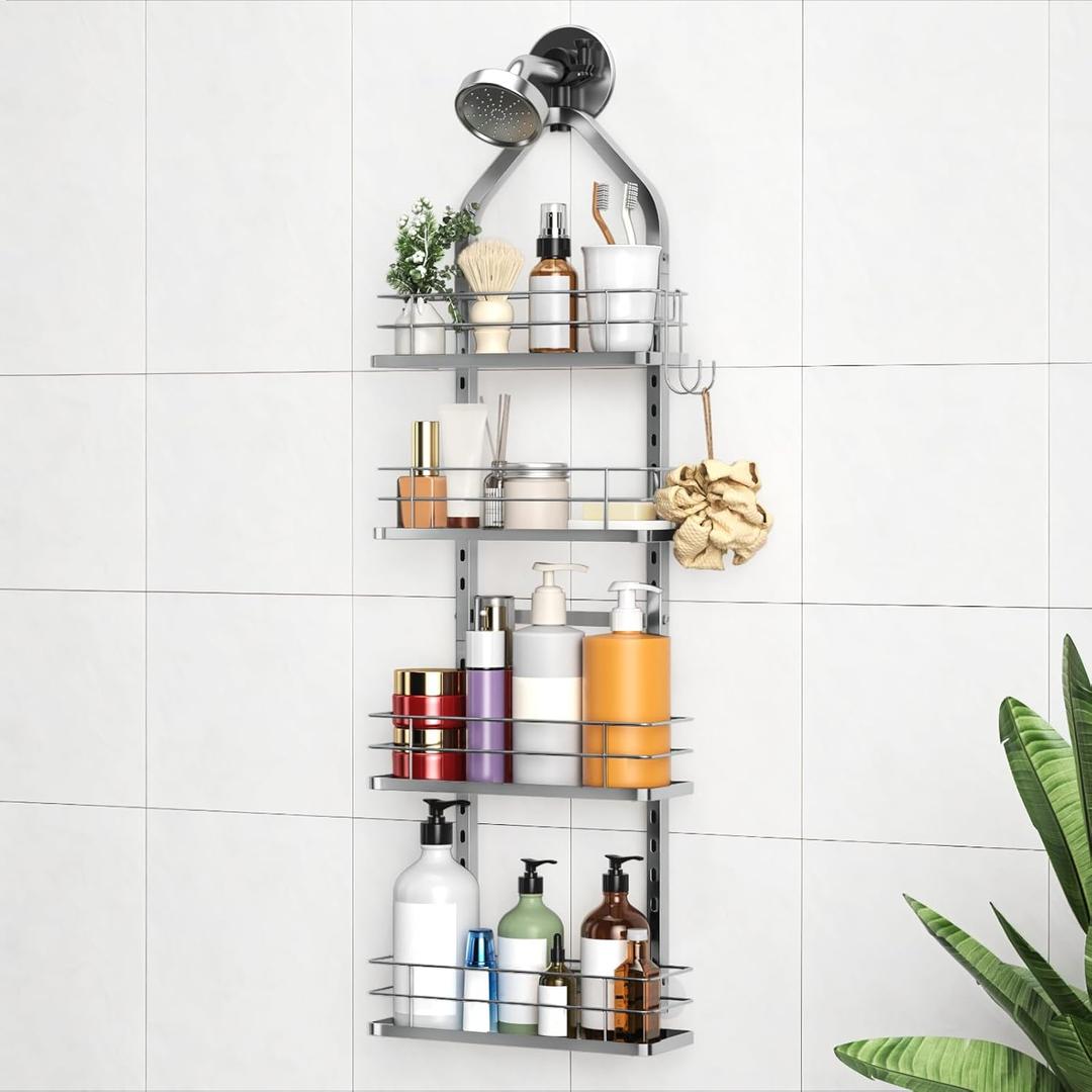 Shower Caddy Hanging (Silver), Adjustable Anti-Swing-Over The Shower Head Caddy, 4 Tier Height Bathroom Storage Organizer Bathroom Shelves Basket Rack Shower Caddies (4Tier)