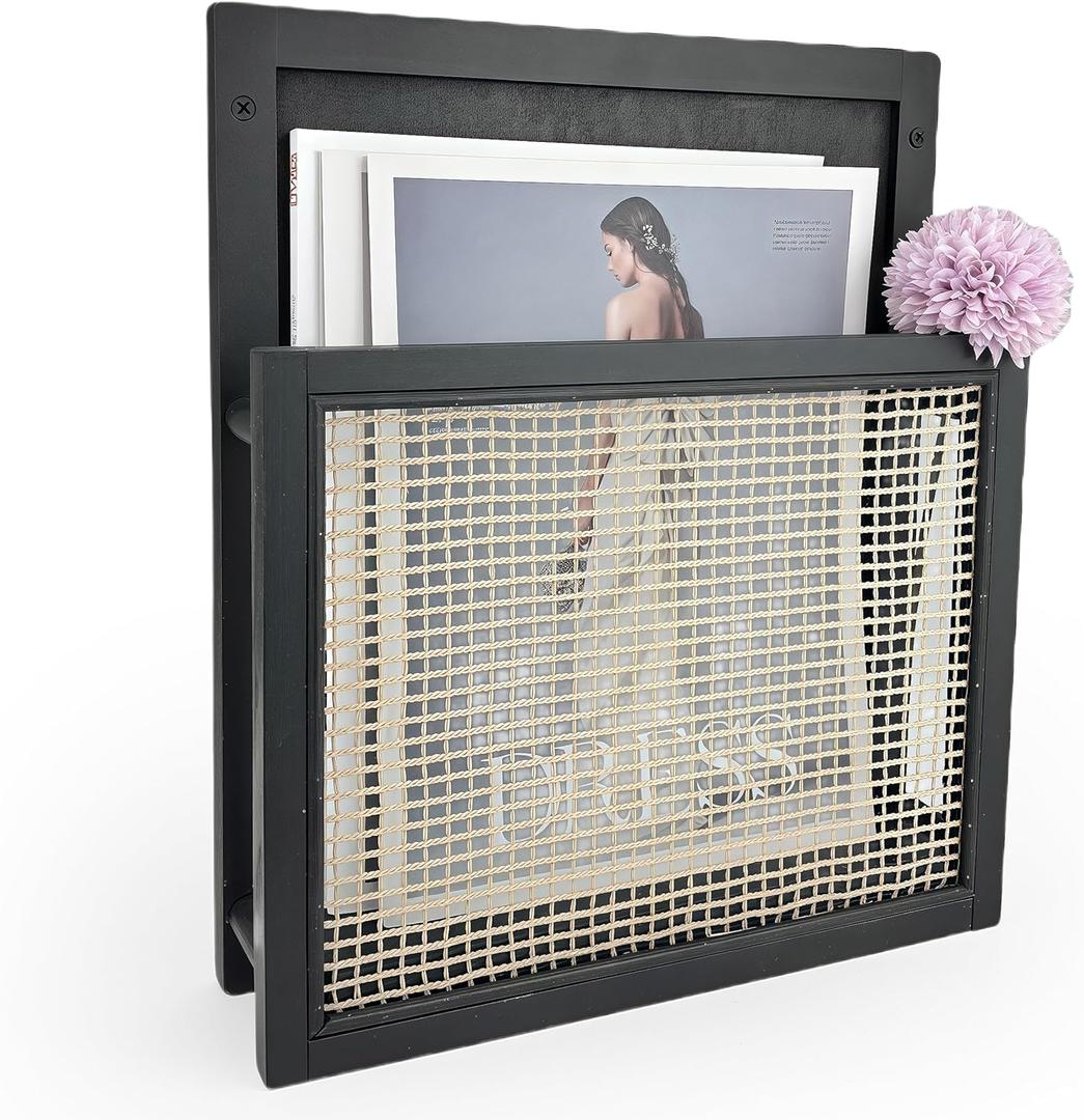 Wooden Wall Magazine Holder, Boho Style File Organizer,Wall Mounted Magazine Rack, File Holder For Entryway Living Room Kids room and Office, Hanging Mail Organizer (Black)
