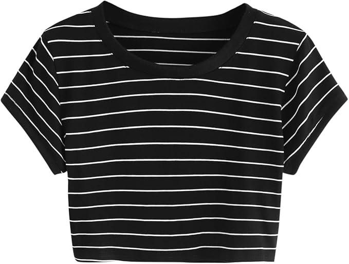SweatyRocks Women's Striped Ringer Crop Top Summer Short Sleeve Color Block T-Shirts
