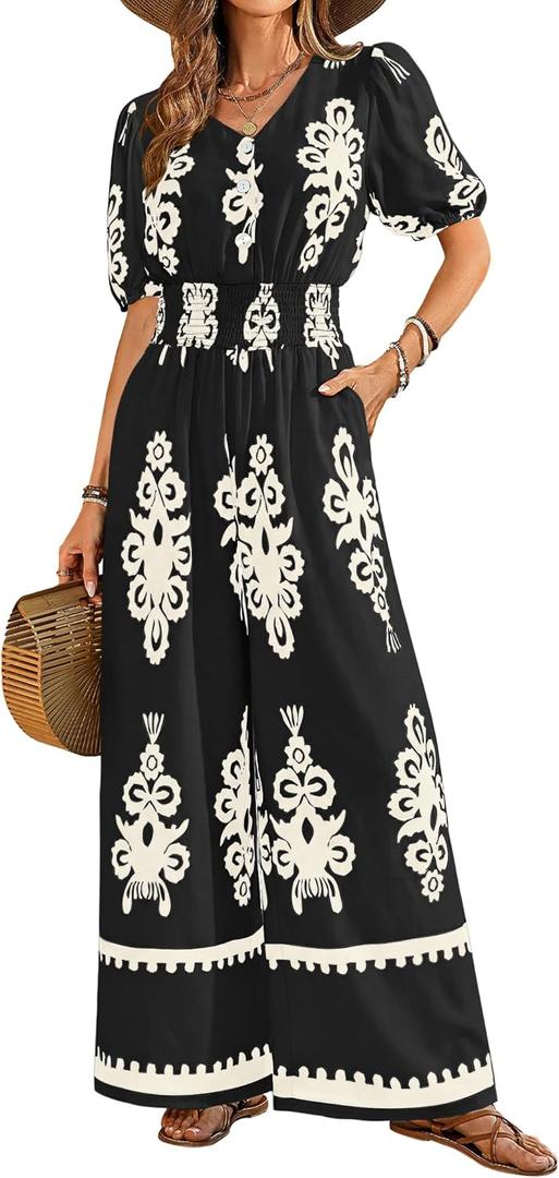 LOOKBOHO Womens Jumpsuits Short Sleeve V Neck Dressy Casual Wide Leg Pants Romper 2026 Summer One Piece Outfits, Medium