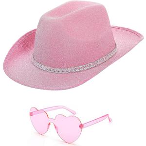 DAJOOEE Cowgirl Hat with Heart Sunglasses Glitter Cowboy Hat for Women Cosplay Bachelor Party Costume Hats (Small, Pink)