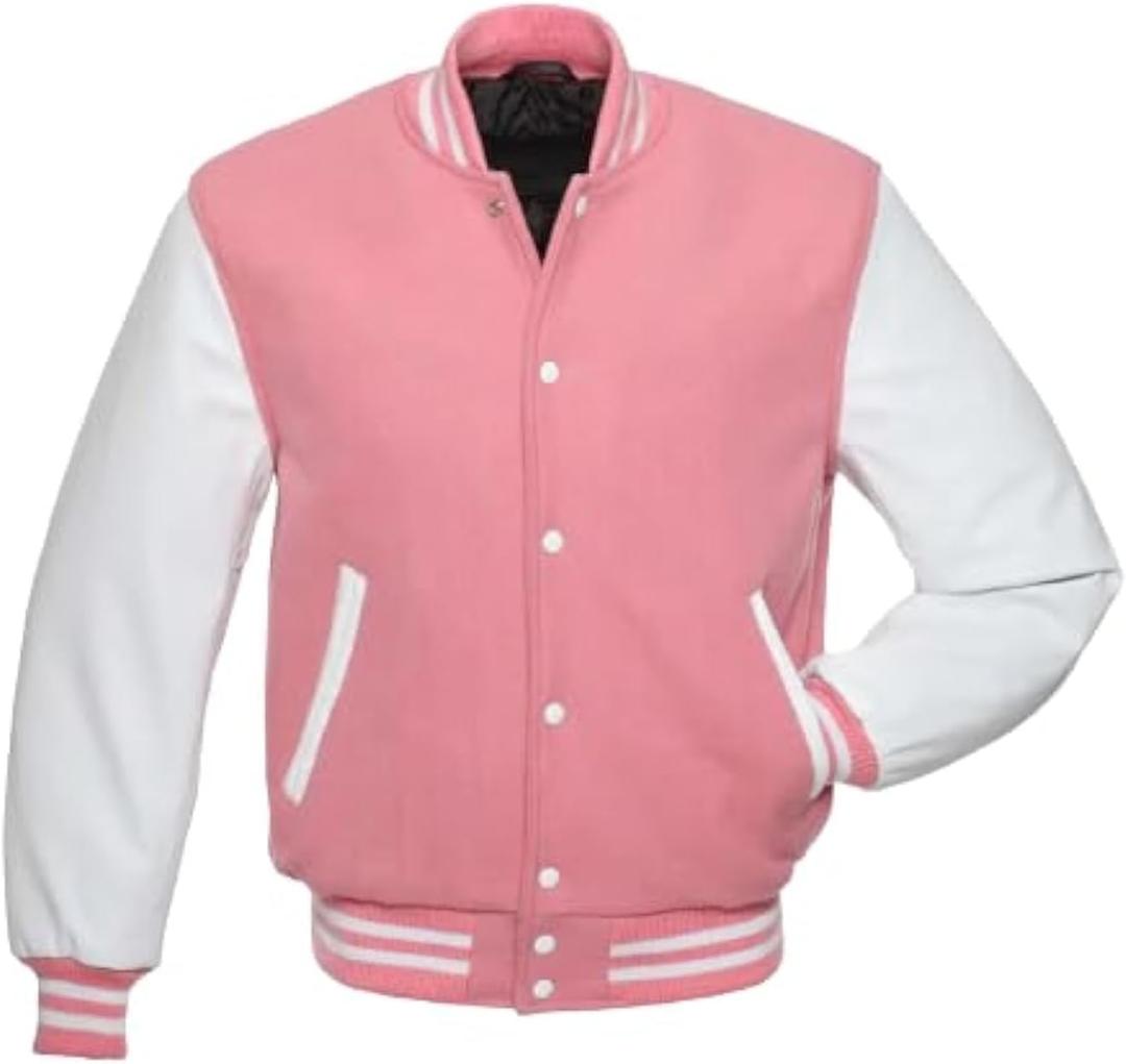 Mens Varsity Jackets Baseball Letterman Wool Body Genuine Leather Sleeves Bomber American Style Varsity Jacket (Large, Pink Body and White Sleeves)