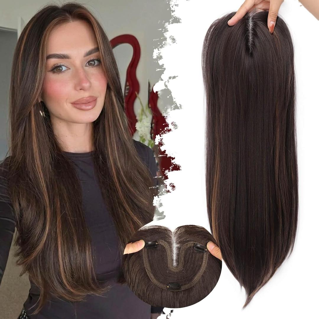 Eawwii Dark Brown with Caramel Highlights Synthetic Hair Toppers for Women with Thinning 5x6 inch Large Base Coverage Clip in Wispy Bangs Upgraded Adjustable Bandage 24 Inch Long Layered