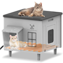 Tepoal Plastic Heated Cat House for Outside Winter, Weatherproof Outside Cats Shelter with Safety Escape Doors and Heating Pads, Elevated Feral Cat House for Wild and Stray Cats 17.7"x17"x17.5" (Grey)