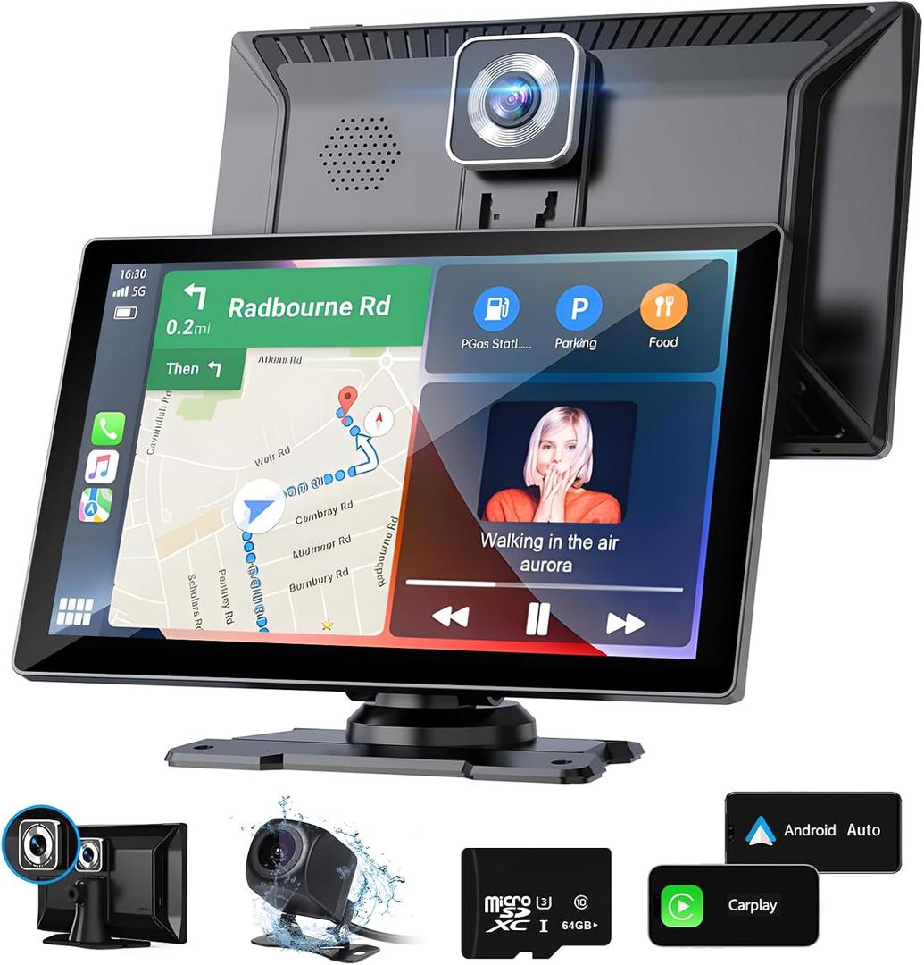 9 inch Wireless Carplay Screen: Portable Car Stereo Compatible with Apple Carplay & Android Auto, Car Play Touch Screen with 4K Dash Cam/1080p Backup Camera/GPS Navigation/Bluetooth/Mirror Link