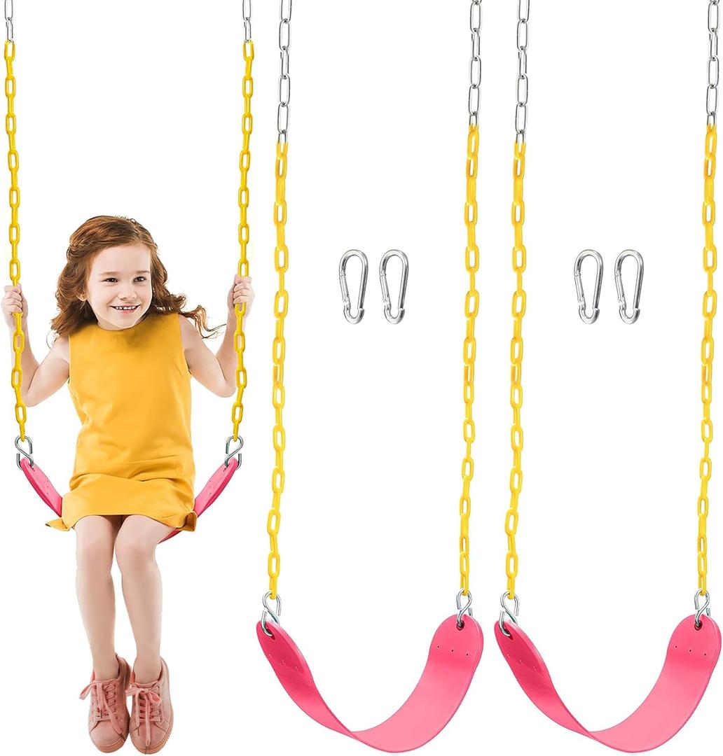 TURFEE 2 Packs Heavy Duty Swing Seat, Swing Set Accessories Replacement with 4 Snap Hooks for Kids Outdoor Play Playground, Trees, Swingsets, Playground(Pink)