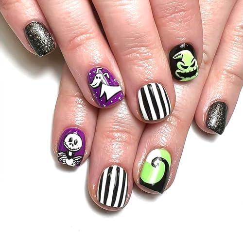 RUOKEXIN Halloween Press on Nails Extra Short Fake Nails Horror Skeleton False Nails with Green Monster Designs Glitter Glue on Nails Glossy Artificial Nails Holiday Stick on Nails for Women 24Pcs