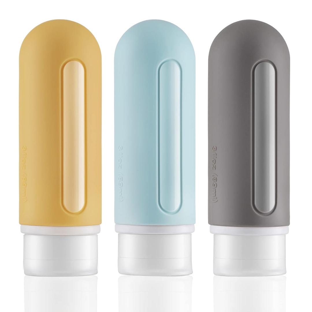 LISAPACK Travel Bottles 3oz, Squeeze Toiletry Container Leak Proof, Travel Size for Shampoo (3 Pack, Grey, Yellow, Blue)