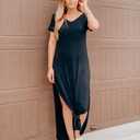 GRECERELLE Women's Summer Maxi Dress Casual Loose V Neck Short Sleeve Side Split Long Dresses with Functional Pockets (Black)
