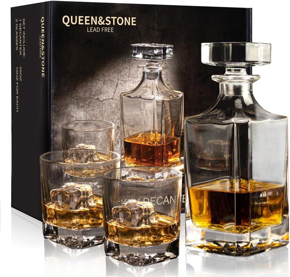 Square 25Oz Whiskey Liquor Decanter Set With 2 Glasses in Box,Decanter Set for Scotch Liquor,Whiskey Wine Decanter Suit for Men and Women Father Coworkers Lovers