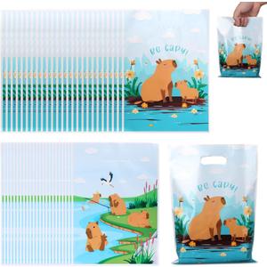 Tinoaly 50pcs Capybara Party Favor Bag with Handles, Cute Cartoon Candy Gift Bags Animal Theme Party Supplies for Children Boy Girl Birthday Baby Shower Animal Activity