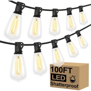 Brightever LED Outdoor String Lights 100FT Patio Lights with 52 Shatterproof ST38 Vintage Edison Bulbs, Outside Hanging Light Waterproof for Porch, Deck, Garden, Backyard, Balcony, 2700K Dimmable (100ft-warm White, Black Wire)