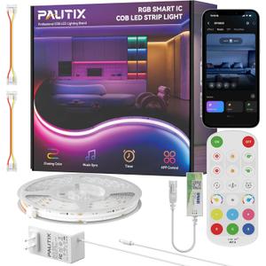PAUTIX COB LED Strip Lights Pro, UL-Listed RGB Smart IC Chasing Color Addressable COB LED Tape Light, Music Sync Flexible RGB LED Lights, Smart Strip Light, for Party, Bedroom, Color Changing, 6.56ft