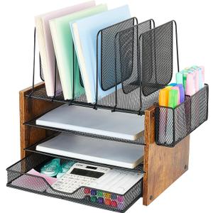 OPNICE Wood Desk Organizers and Accessories, 4-Tier Workspace Desktop Paper Organizer with Drawer, 5 Vertical File Holders and Pen Holder for Office Supplies (brown)