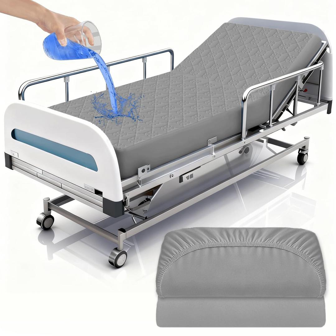 2 Pack Hospital Bed Sheets with Elastic All Around for a Perfect Fit,Waterproof Sheets for Hospital Bed at Home,Reusable and Machine Washable, 36" x 80" x 14" (Floral-Grey)