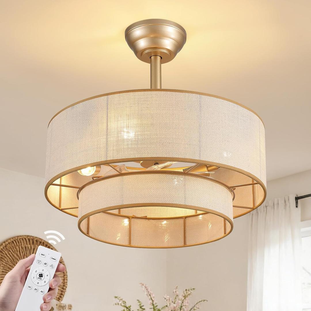 20" Boho Ceiling Fan Light and Remote, Fabric Chandelier Ceiling Fan Light, Caged Fandelier with Lights Flush Mount, 6 Wind Speeds Enclosed Ceiling Fan for Bedroom, Living Room, Dining Room, 20in