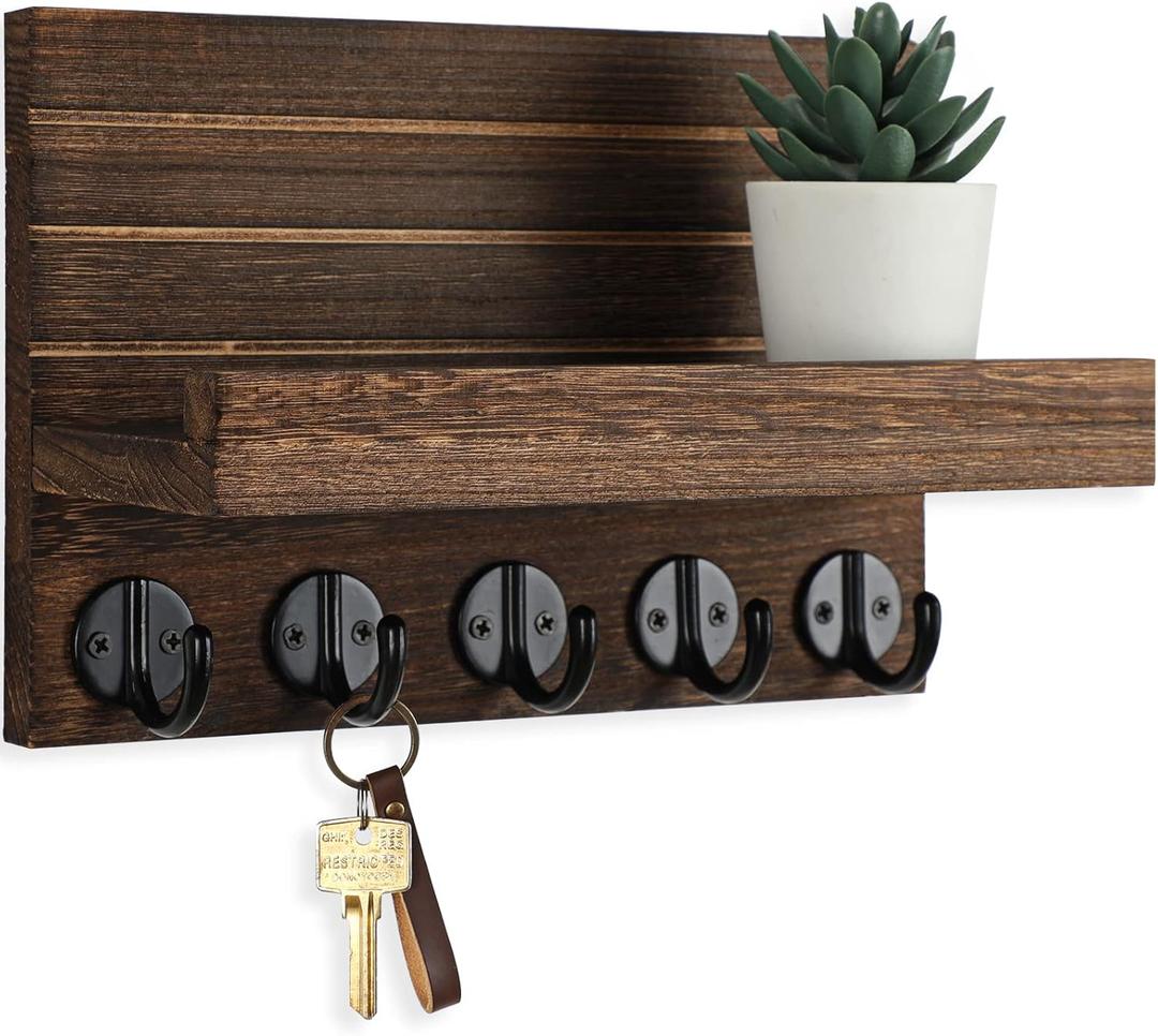 Lwenki Key Holder for Wall, Decorative Key and Mail Holder with Shelf Has Large Key Hooks for Bags, Coats Paulownia Wood Key Hanger with Mounting Hardware (9.8W x 6.7H x 4.2D) (Brown)