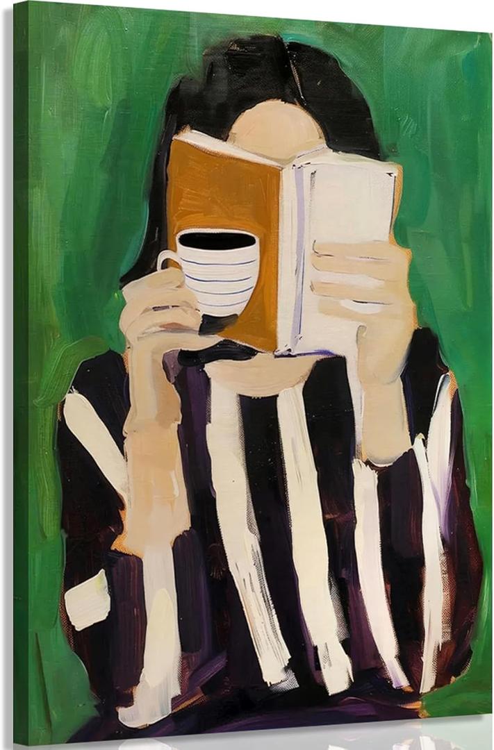 Tertiosh Emerald Green Modern Reading Woman Canvas Wall Art Books and Coffee Wall Decor Pictures Simple black and white stripes painting Abstract Female Portrait Print Office library decoration 12x16