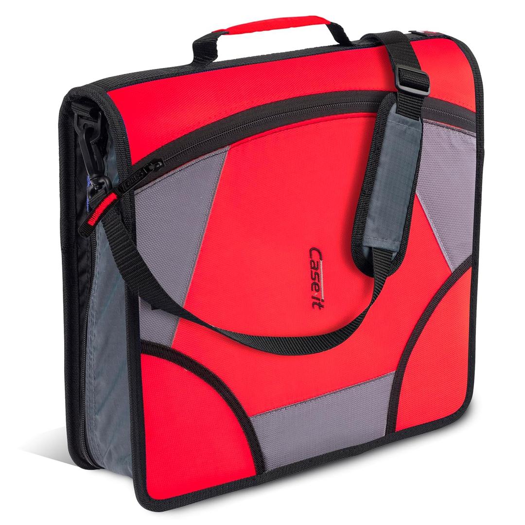 Case-it King Sized Zip Tab School Zipper Binder | 4-Inch D-Rings, 800 Sheet Capacity, 5-Subject Expanding File Folder, Multiple Pockets & Storage Organizer, Shoulder Strap | D-186 Fire Engine Red