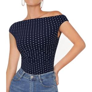 OMKAGI Women One Off Shoulder Y2K Tops Double Lined Slim Fit T Shirts Basic Tees (Blue, M)