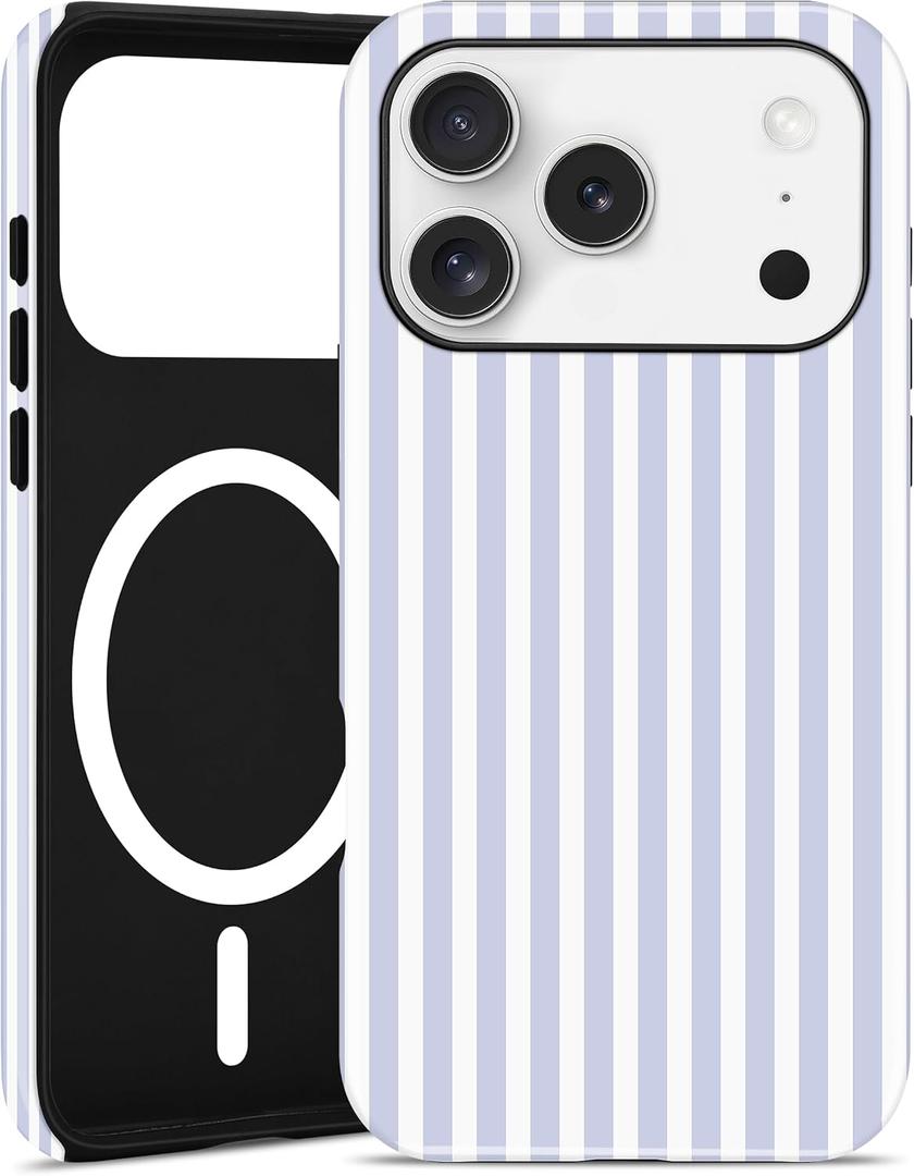 Jusy Compatible with MagSafe Striped Case for iPhone 17 Pro, Cute Aesthetic Striped Magnetic Phone Case, Soft TPU and Hard PC Protective Phone Cover for Women Girls(Matte)- Blue and White