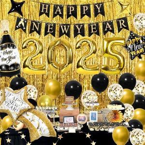 Labeol New Years Decorations 2025, 39 PCS Happy New Year Set with Large Foil Balloons, Banner, Gold Foil Curtains Black, Gold, Confetti Balloons for Party
 Set of 2