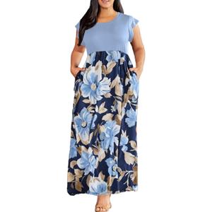 Eytino Women Plus Size Sundress Crewneck Ruffle Sleeve Boho Floral Print Maxi Long Dress with Pocket,3X Sky Blue