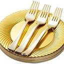 N9R 60pcs Gold Plastic Dessert Plates with Forks, Include 30pcs Disposable Dessert Plates 7 inch, 30pcs Gold Plastic Forks 7.4 inch for Parties Weddings Birthday
