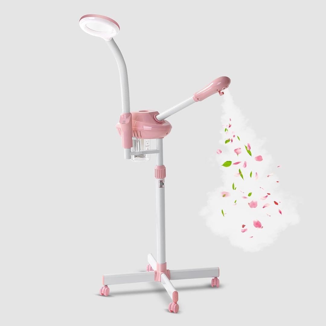 Professional Facial Steamer, 2In1 Face Steamer on Wheels for Facial Deep Cleaning, SPA Facial Steamer for Esthetician with 5X Magnifying Lamp, Stand Face Steamer with Time Setting, Pink