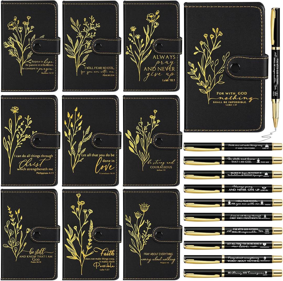Spakon 10 Sets Christian Christmas Bulk Gifts Leather Notebook Pens Church Gifts for Women Men Bible Study Religious Scripture Prayer Journal Notepad Party Favors (English Floral)