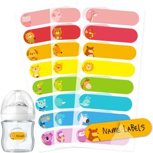 2 x Baby Bottle Labels for Daycare, Self-Laminating, Waterproof Write-On Name Labels, Assorted Sizes & Colors, Pack of 64 (Animal Friends)