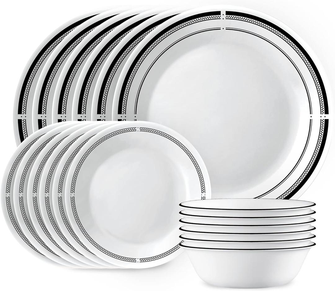 Corelle 18-Piece Round Dinnerware Set, Service for 6, Lightweight Round Plates and Bowls Set, Vitrelle Triple Layer Glass, Chip and Scratch Resistant, Microwave and Dishwasher Safe, Brasserie