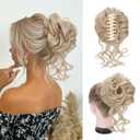 Messy Bun Hair Piece Claw Clip Bun Hair Accessories for Women Messy Wavy Curly Bun Extensions Short Tousled Updo Synthetic Hair Extensions(Brown & Bleach Blonde)