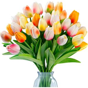 Sggvecsy 30 Pcs Fake Tulips Artificial Flowers Real Touch PU Faux Flowers Tulip Stems for Wedding Floral Arrangement Spring Bouquet Home Party Office Decorations for Mother's Day (Multi Colors)