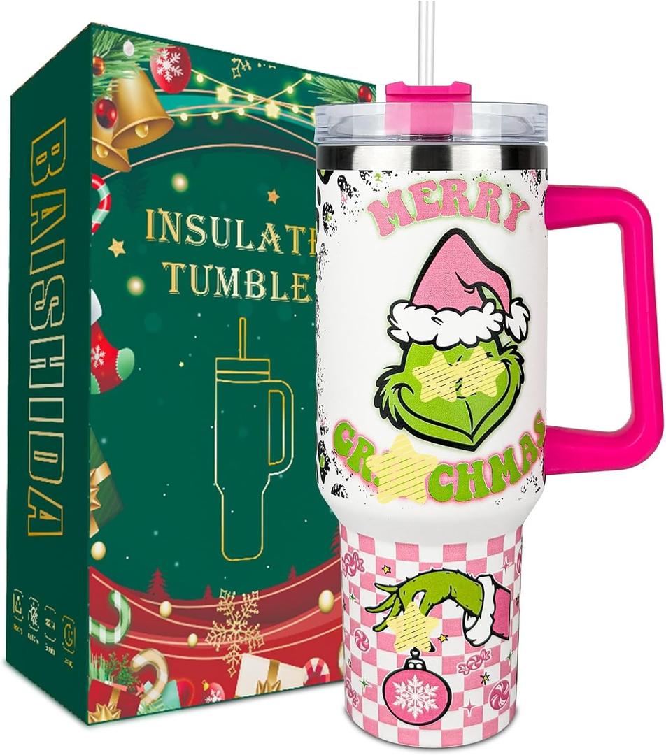 40 oz Tumbler with Handle and Straw, Stainless Steel Tumbler with Lid Straw, Car Mug Sports Travel Christmas Gift 40oz Grinchi Insulated Tumblers (Christmas 17)