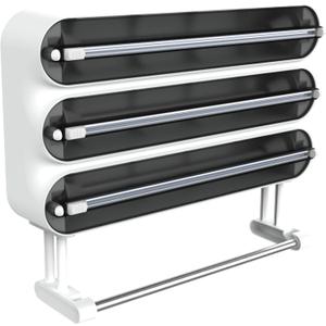 Aluminum Foil & Plastic Wrap Dispenser with Cutter - Magnetic & No-Drill Wall Mount, Cling Film Dispenser with Paper Towel Holder, Space-Saving 4-in-1 Kitchen Organizer - Fits 12" Roll, Black