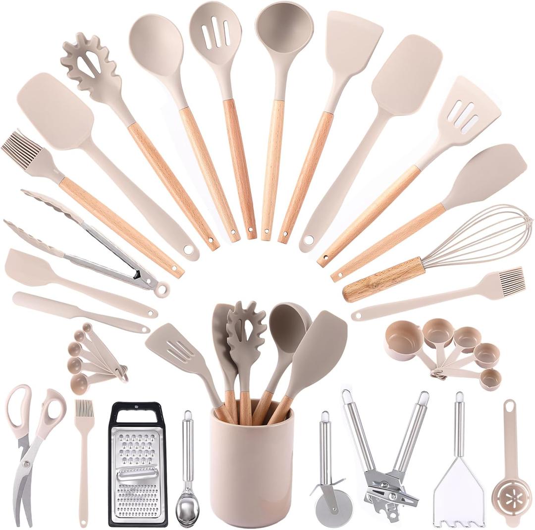 34PC Kitchen Utensils Set - Silicone Cooking Utensils with Wooden Handles - Heat-Resistant - Nonstick Cookware Safe - Complete Set for Every Kitchen (Khaki)