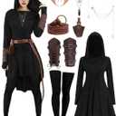 9 Pcs Women Renaissance Dress with Hood Adult Medieval Fairy Elf Costume Archer Cosplay Outfit Halloween Costumes (Medium, Black)