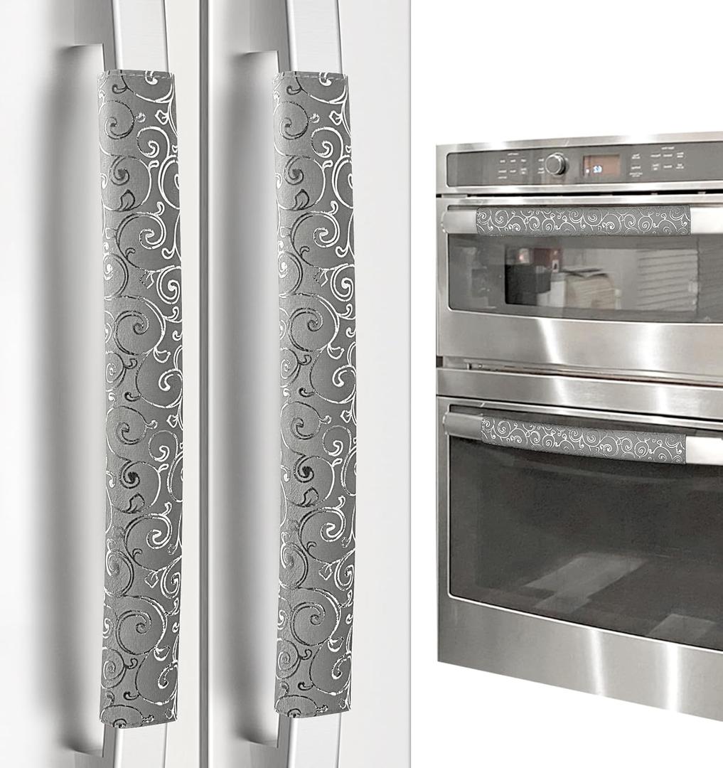 4 x Refrigerator Door Handle Covers, Set of 4, Non-Slip Fridge Handle Covers, Washable Appliance Handle Covers, Keep Your Kitchen Clean, Microwave Oven Dishwasher Handle Protector(Gray, Silver pattern)