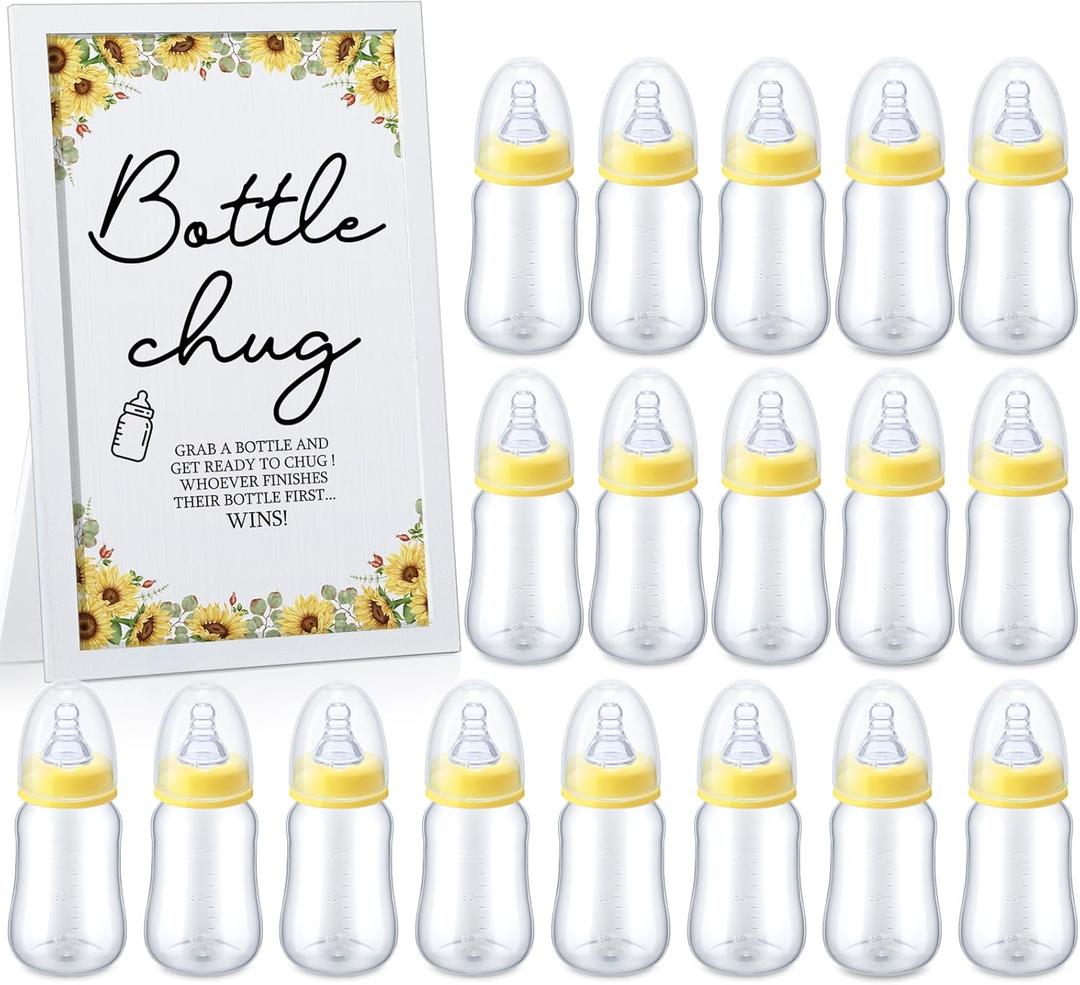 Roowest Bottle Chug Baby Shower Game Favors Including Sunflower Theme Wooden Sign and 18 Pcs Baby Bottles for Gender Reveal Party Supplies (Yellow)