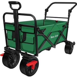 BEAU JARDIN Collapsible Foldable Push Pull Folding Beach Wagon 350lbs Heavy Duty Utility Camping Grocery Garden Sport Shopping Wagon Cart with All Terrain Big Sand Wheels and Brakes Green